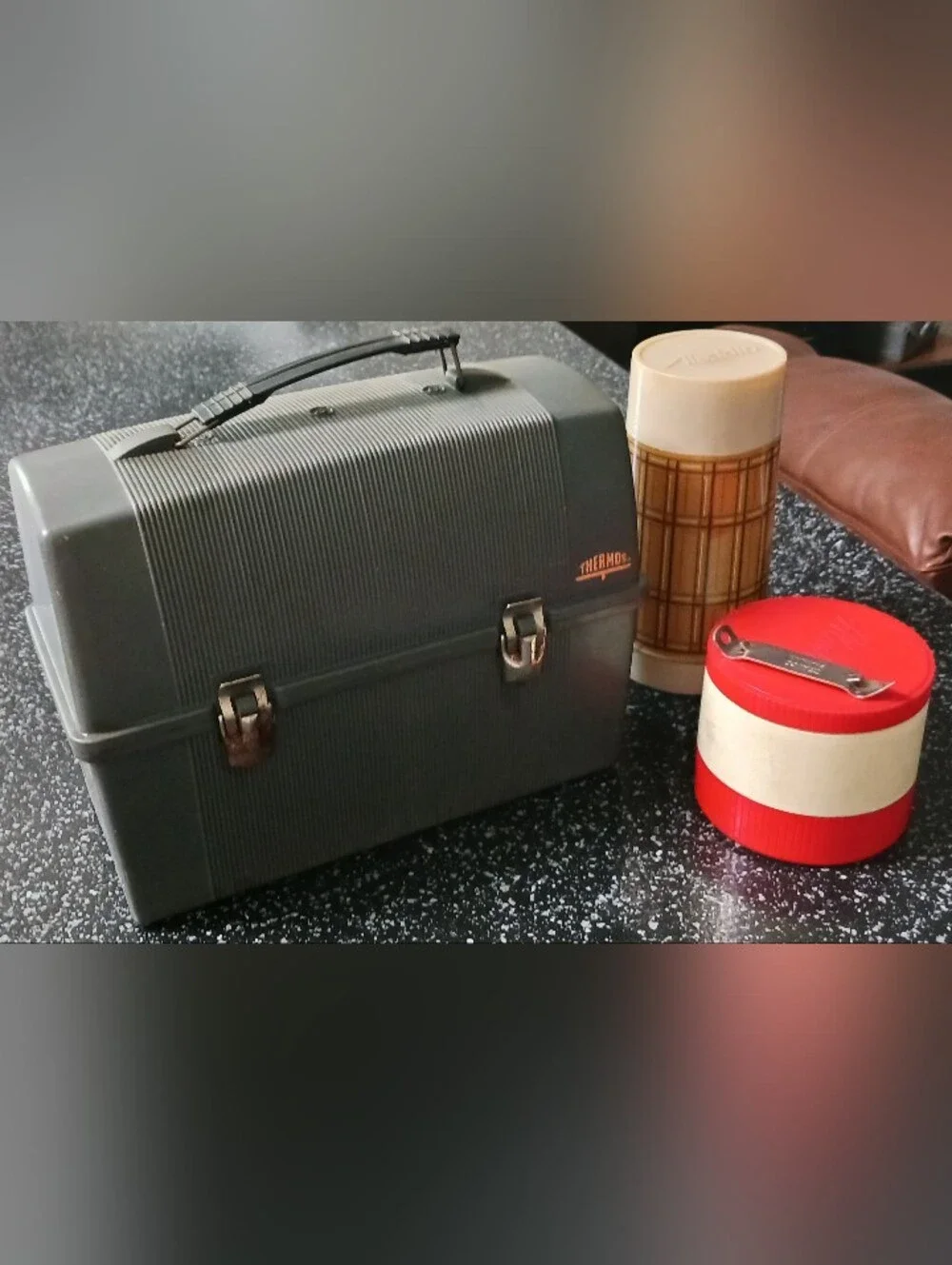 Vintage Thermos Grey Lunchbox and  drink/food thermos holders, can opener